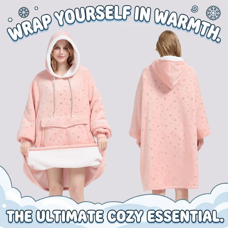 Qeils Wearable Blanket Hoodie for Women, Comfy Sherpa Sweatshirt Blanket as Birthday Christmas Gifts, Oversized Pullover Jacket Blanket Hoodie for Adult (Pink Foil Star, Adult) - Image 5
