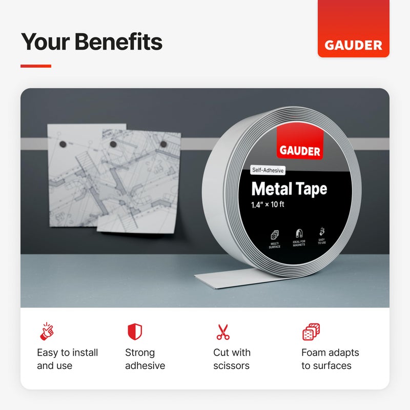 GAUDER Self-Adhesive Metal Tape | Thin Metal Strips for Magnets, Tonies® Figures & Shelves | Ferrous Tape (20 ft) - Image 2