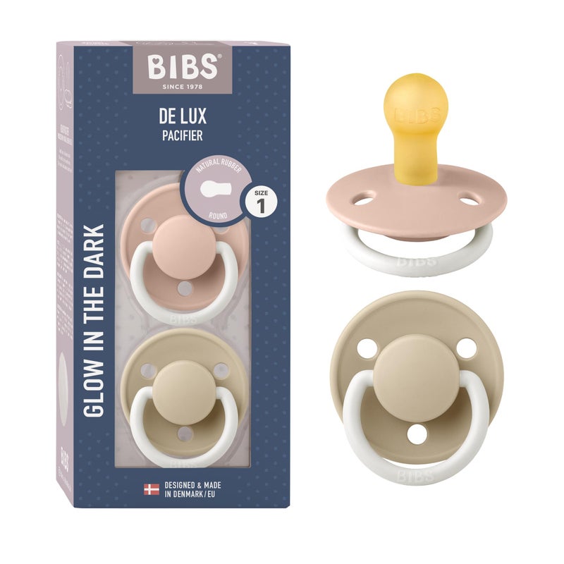 BIBS Pacifiers - De Lux Collection | BPA-Free Baby Pacifier | Made in Denmark | Set of 2 Blush Night/Vanilla Night Color Premium Soothers | Size 0-6 Months - Image 1