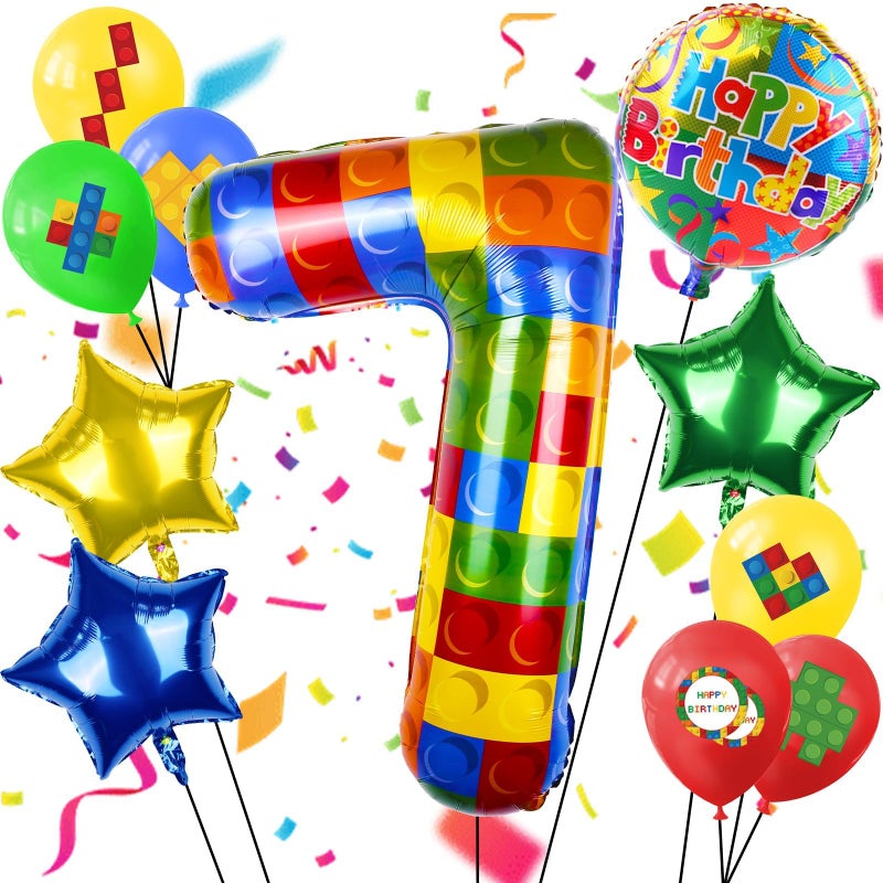 AXBMM 40 Inch Building Block Number Balloon Colorful Number Block Foil Balloons Large Big Numbers Helium Balloon for Girls Boys 7th Birthday Brick Theme Party Decorations Number 7 - Image 2