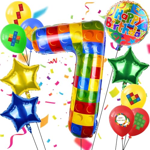 AXBMM 40 Inch Building Block Number Balloon Colorful Number Block Foil Balloons Large Big Numbers Helium Balloon for Girls Boys 7th Birthday Brick Theme Party Decorations Number 7 - Image 1