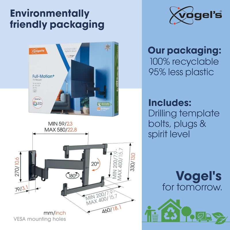 Vogel's TVM 3465 full-motion OLED TV wall bracket for 32-65 inch TVs, Max. 55 lbs (25 kg), Swivels up to 180º, Full-Motion OLED TV wall Mount, Max. VESA 400x400, Universal compatibility - Image 3