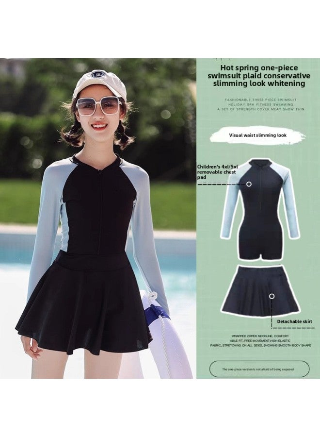 Parent-child Swimsuit Female Mother And Daughter Belly-covering Slimming Conservative Girl Girl Skirt Fashion One-piece Boxer Swimsuit-Color:Children-long Sleeve 【detachable Skirt】】- - Image 1