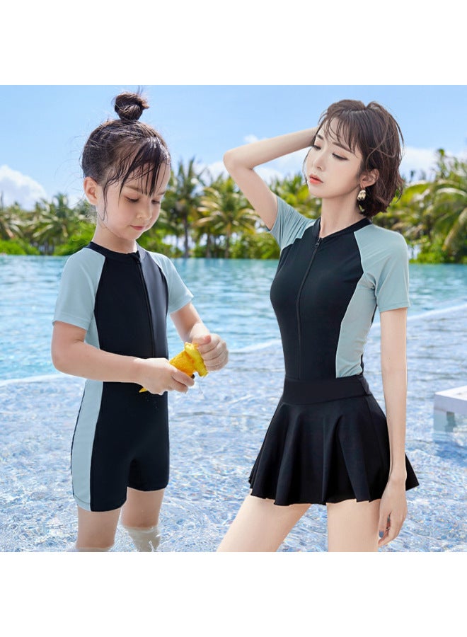 Parent-child Swimsuit Female Mother And Daughter Belly-covering Slimming Conservative Girl Girl Skirt Fashion One-piece Boxer Swimsuit-Color:Children-long Sleeve 【detachable Skirt】】- - Image 2
