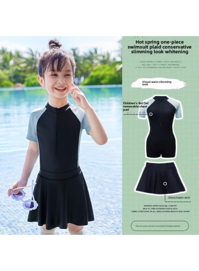 Parent-child Swimsuit Female Mother And Daughter Belly-covering Slimming Conservative Girl Girl Skirt Fashion One-piece Boxer Swimsuit-Color:Children-long Sleeve 【detachable Skirt】】- - Image 3