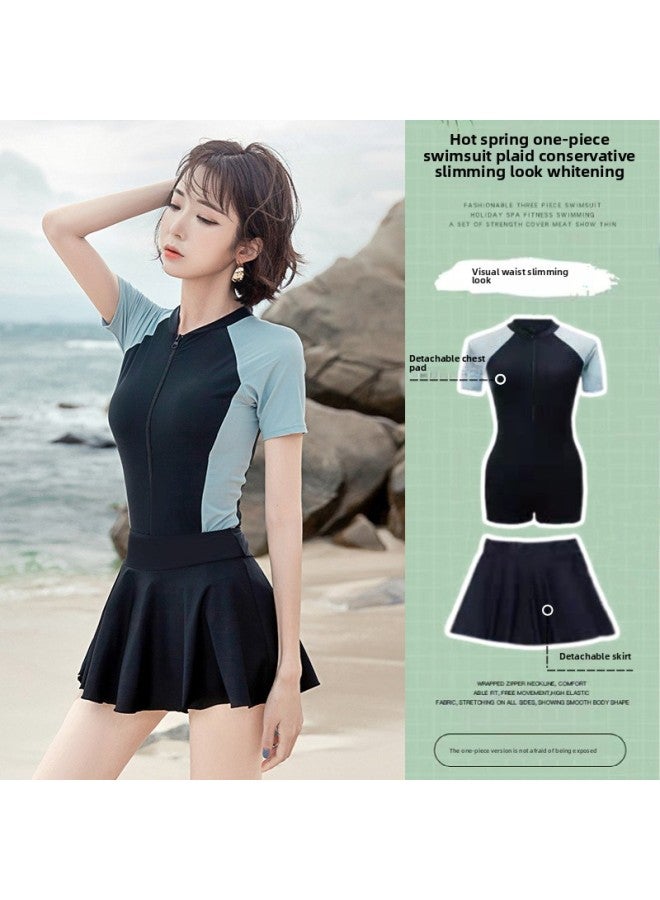 Parent-child Swimsuit Female Mother And Daughter Belly-covering Slimming Conservative Girl Girl Skirt Fashion One-piece Boxer Swimsuit-Color:Children-long Sleeve 【detachable Skirt】】- - Image 5