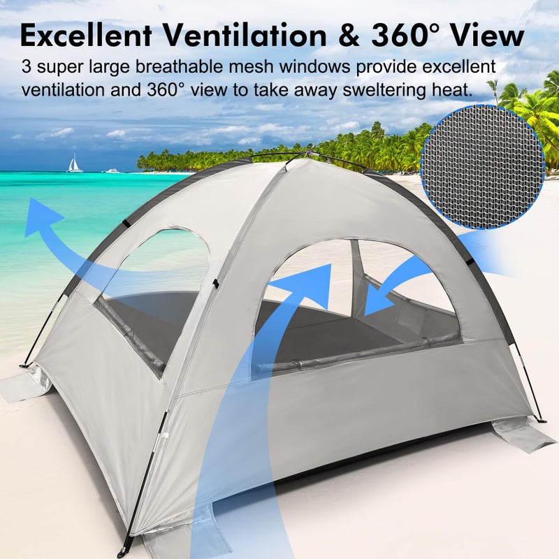 WhiteFang Beach Tent Anti-UV Portable Sun Shade Shelter for 3 Person, Extendable Floor with 3 Ventilating Mesh Windows Plus Carrying Bag, Stakes and Guy Lines (Baby's Breath) - Image 4
