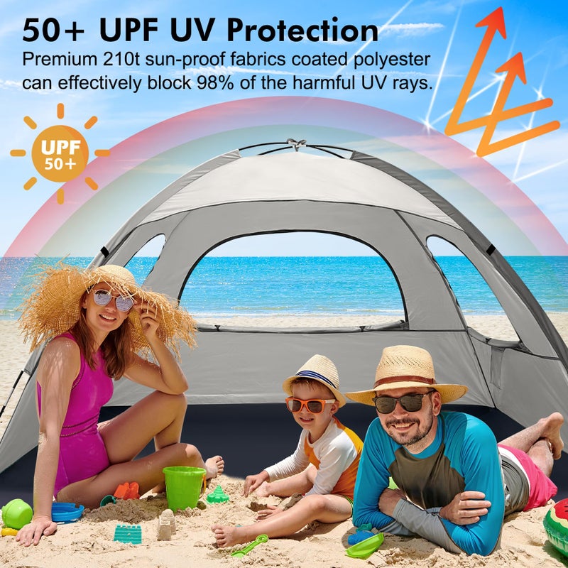 WhiteFang Beach Tent Anti-UV Portable Sun Shade Shelter for 3 Person, Extendable Floor with 3 Ventilating Mesh Windows Plus Carrying Bag, Stakes and Guy Lines (Baby's Breath) - Image 3