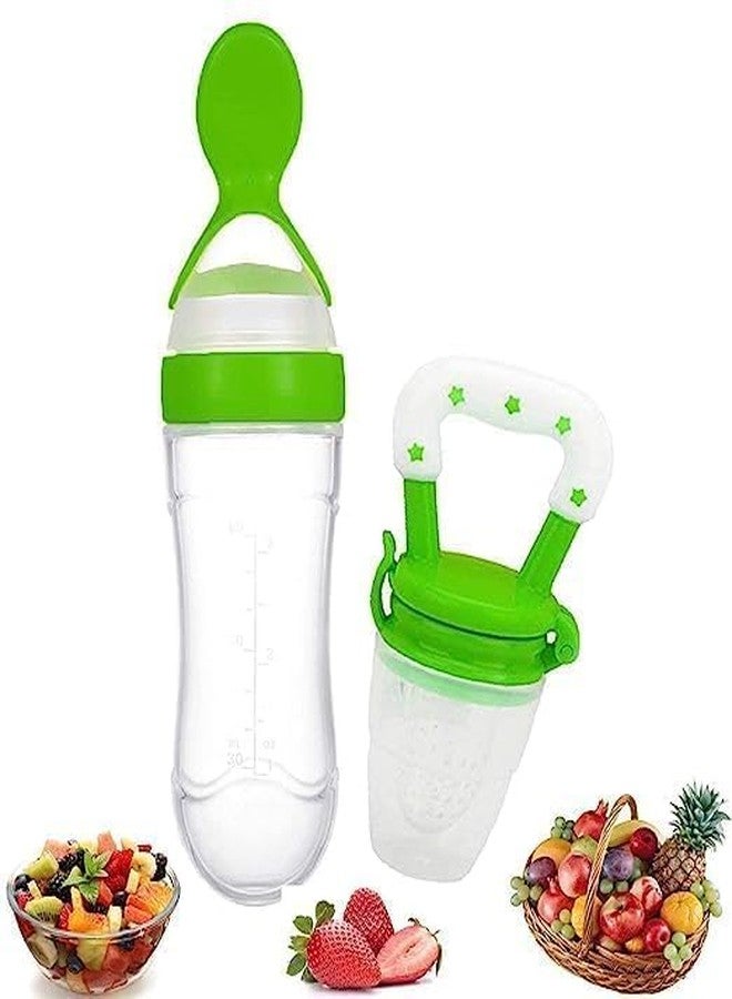 Chopchi Silicone Fruit Nibbler Pacifier 1 Pcs with 1 pcs Spoon Feeder Bottle for Infant Baby for 6+ Month Baby (2 Piece Combo Set-Green) - Image 1