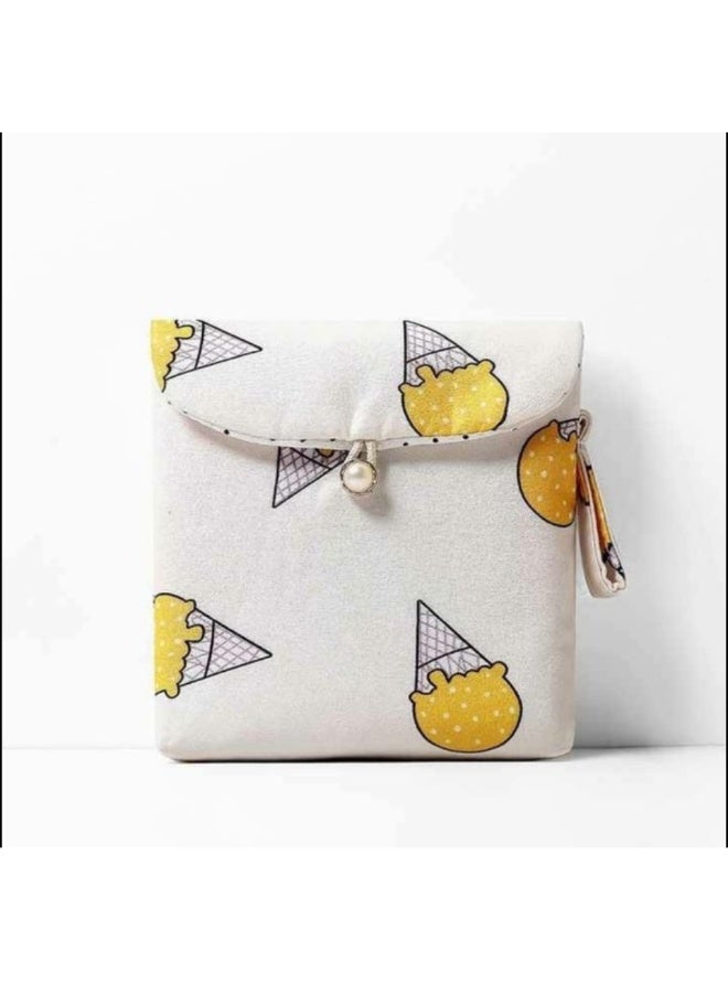 حقيبة فوط صحية للنساء والفتيات – طقم مكوّن من 4 قطع من قماش القطن – تصميم أزرق مطبوع وخطوط وردية – بطبعات الفراولة والآيس كريم – أساسي للسفر والمدرسة - Image 5