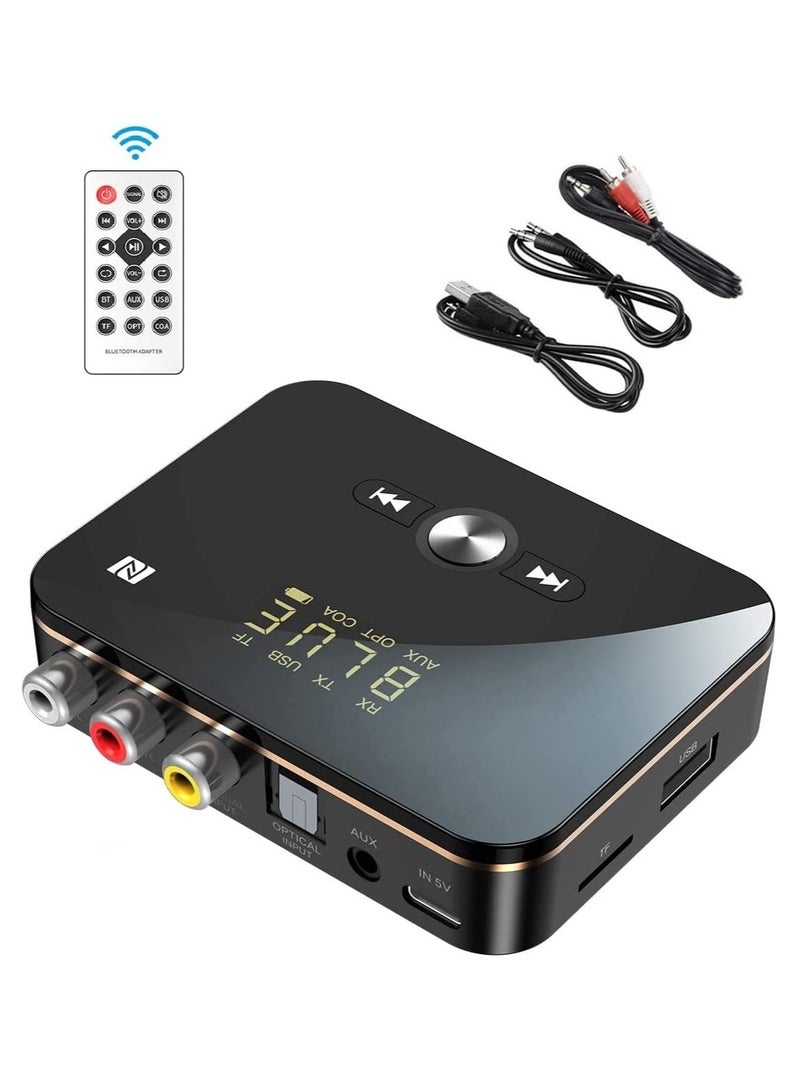 Beauenty Bluetooth Audio Receiver Adapter, Bluetooth 5.0 Audio Receiver Transmitter with Remote Control/Audio Cable/Charging Cable, Audio Wireless Receiver for Sound System/Phones/Tablets/Headphone/Car - Image 1