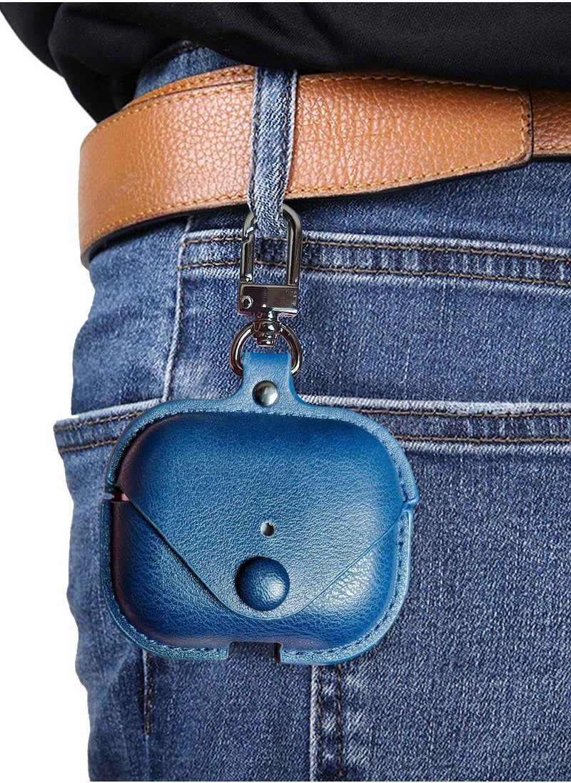 Airpods Pro 2 Case with Keychain, Genuine Leather Protective Shockproof Scratch Resistant Soft Silicone Cover for Airpods Pro 2rd Front LED Visible - Blue
