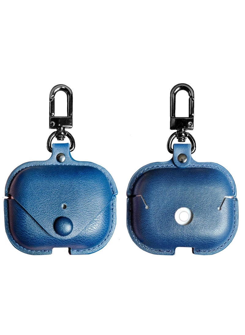 Airpods Pro 2 Case with Keychain, Genuine Leather Protective Shockproof Scratch Resistant Soft Silicone Cover for Airpods Pro 2rd Front LED Visible - Blue
