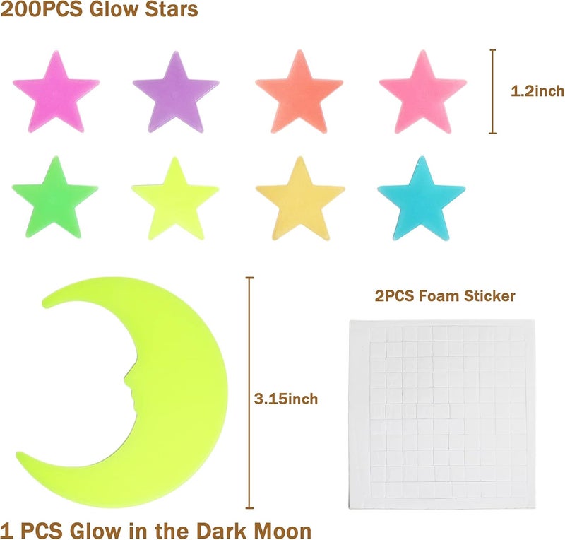 GLOCARNIVAL Glow in The Dark Stars Stickers for Ceiling, Adhesive 200pcs 3D Glowing Stars and Moon for Kids Bedroom,Luminous Stickers Create a Realistic Starry Sky,Room Decor,Wall Stickers - Image 2