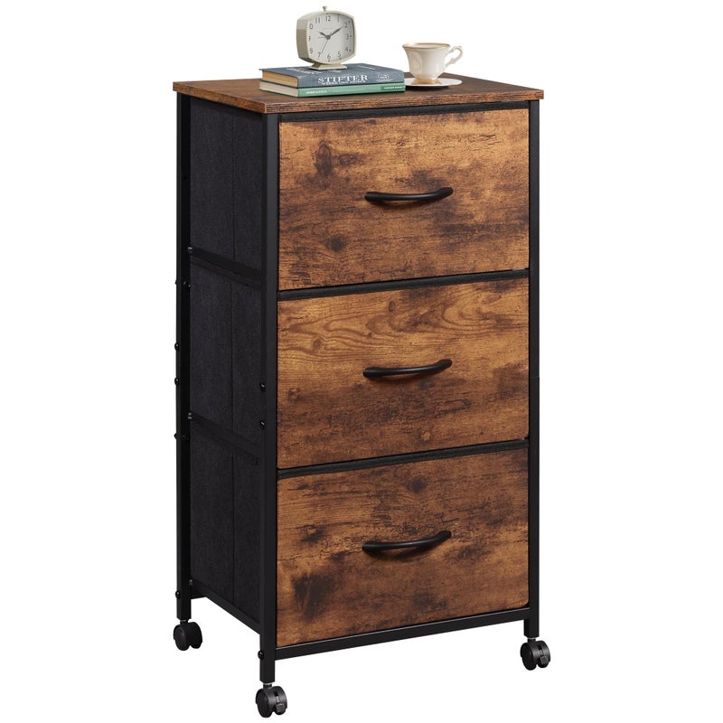 WLIVE Dresser with 3 Drawers, Fabric Nightstand, Cabinet with Wheels, Organizer Storage Dresser for Bedroom, Office, Closets, Sturdy Steel Frame, Easy Pull Handle, Rustic Brown Wood Grain Print - Image 1