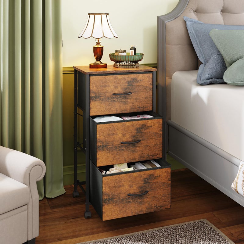 WLIVE Dresser with 3 Drawers, Fabric Nightstand, Cabinet with Wheels, Organizer Storage Dresser for Bedroom, Office, Closets, Sturdy Steel Frame, Easy Pull Handle, Rustic Brown Wood Grain Print - Image 2