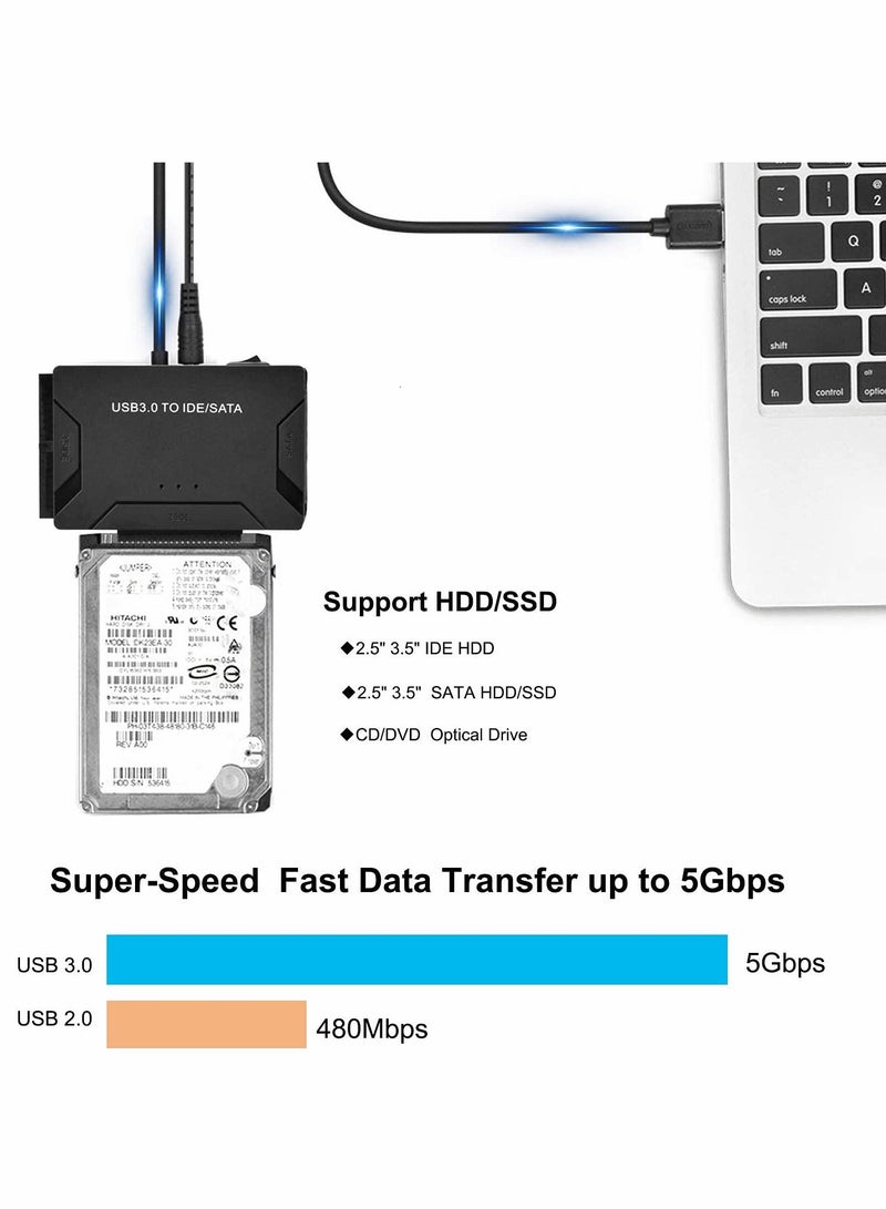 SATA/IDE to USB 3.0 Adapter, Hard Drive Adapter with 12V 2A Power Supply Support 6TB, Hard Drive Reader for Universal 2.5/3.5-Inch IDE and SATA External HDD/SSD - Image 3
