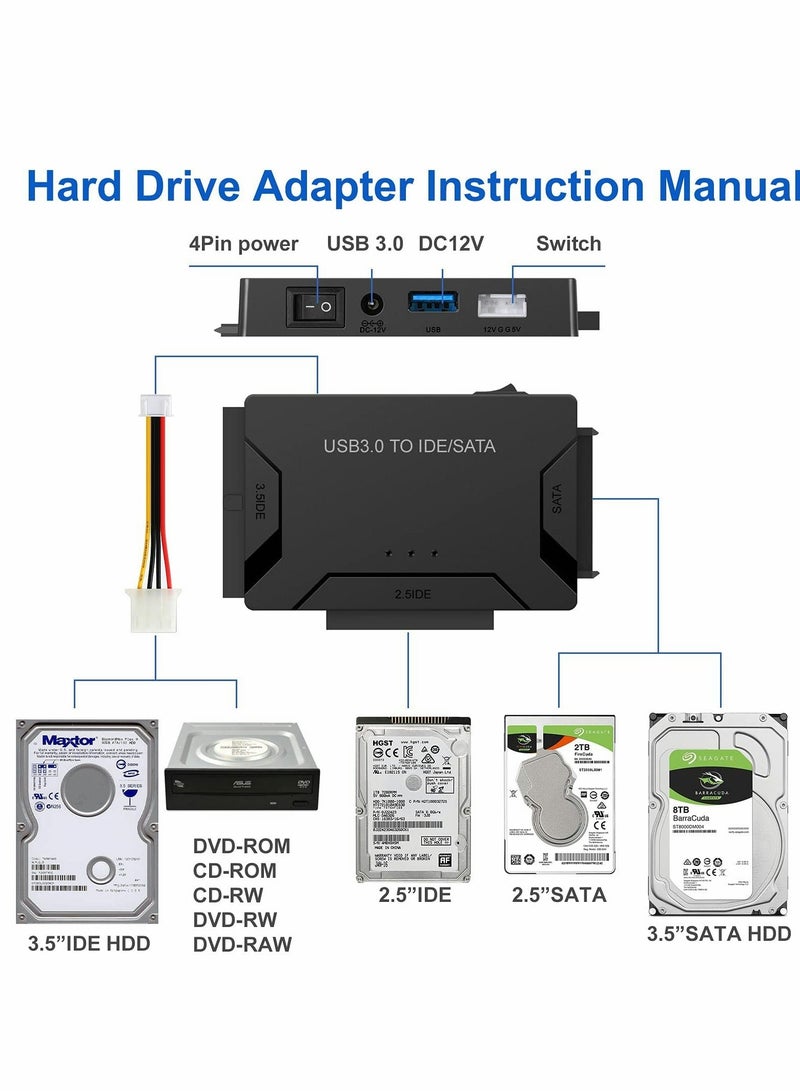 SATA/IDE to USB 3.0 Adapter, Hard Drive Adapter with 12V 2A Power Supply Support 6TB, Hard Drive Reader for Universal 2.5/3.5-Inch IDE and SATA External HDD/SSD - Image 5
