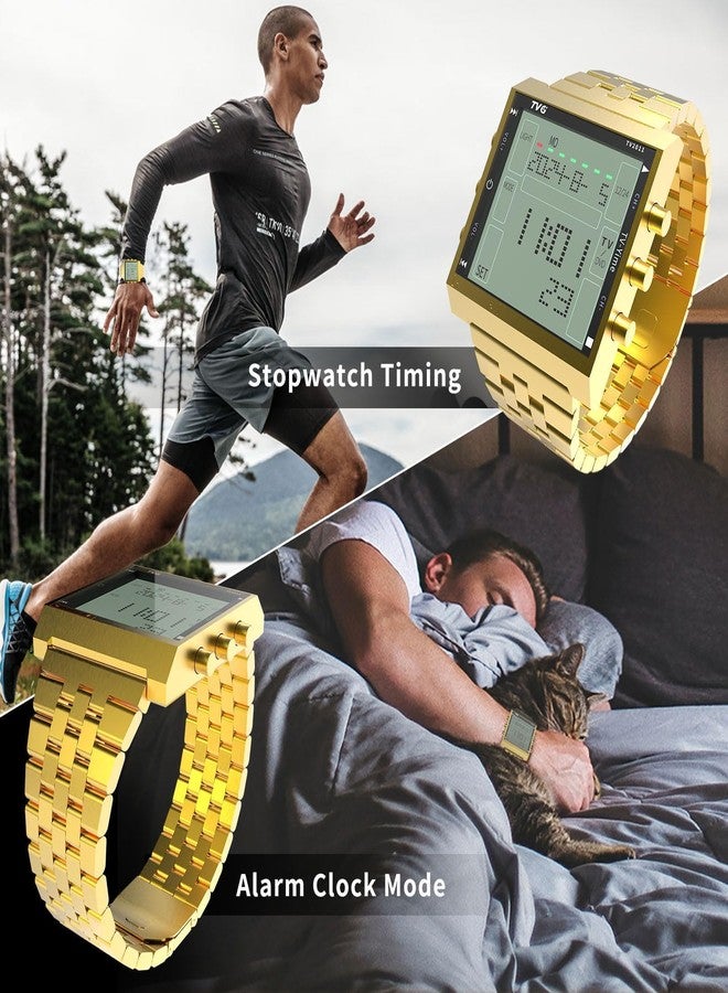 TVG Men's Digital Watch,Military Sports Waterproof LED Watch with Remote Alarm,Stopwatch and Digital TV,Fashion Casual Wrist Tactical Army Watch for Men (Gold) - Image 4
