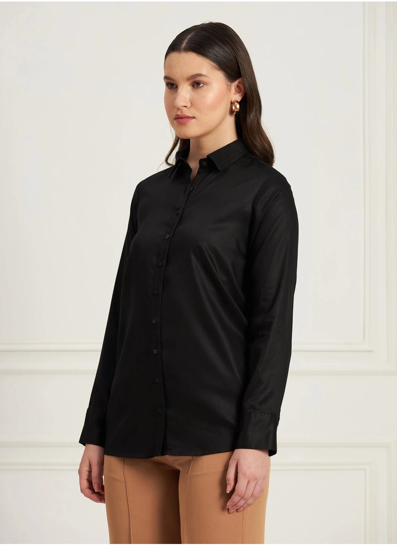 Salt Attire Women's Ink Black Classic Tailored Shirt | Button-Down Shirt with Shirt Collar, Full-Length Sleeves & Curved Hem | Elegant Cotton Rayon Top for Versatile Styling  - Image 4