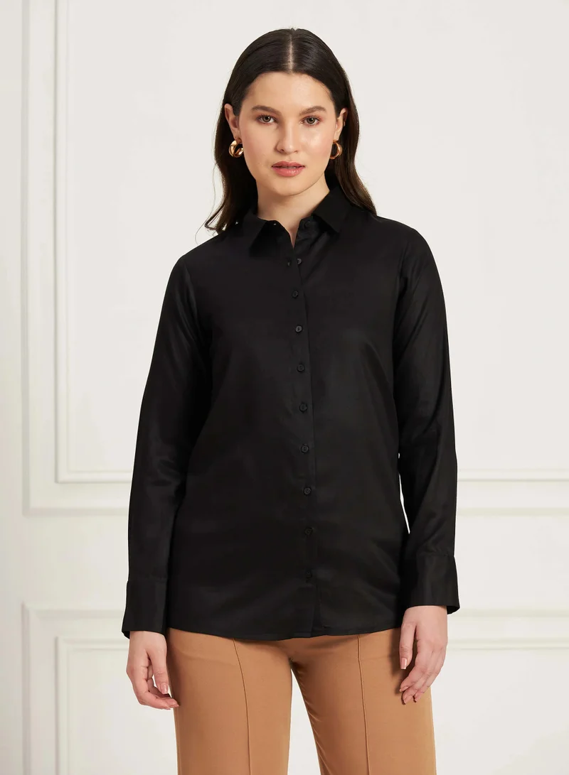 Salt Attire Women's Ink Black Classic Tailored Shirt | Button-Down Shirt with Shirt Collar, Full-Length Sleeves & Curved Hem | Elegant Cotton Rayon Top for Versatile Styling
