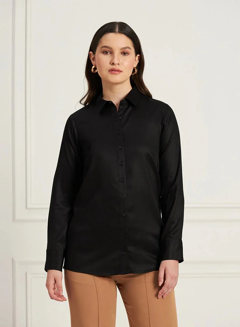 Salt Attire Women's Ink Black Classic Tailored Shirt | Button-Down Shirt with Shirt Collar, Full-Length Sleeves & Curved Hem | Elegant Cotton Rayon Top for Versatile Styling