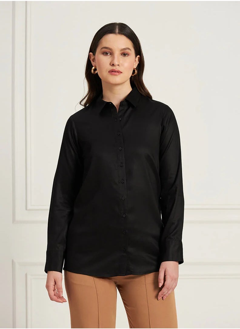 Salt Attire Women's Ink Black Classic Tailored Shirt | Button-Down Shirt with Shirt Collar, Full-Length Sleeves & Curved Hem | Elegant Cotton Rayon Top for Versatile Styling  - Image 3