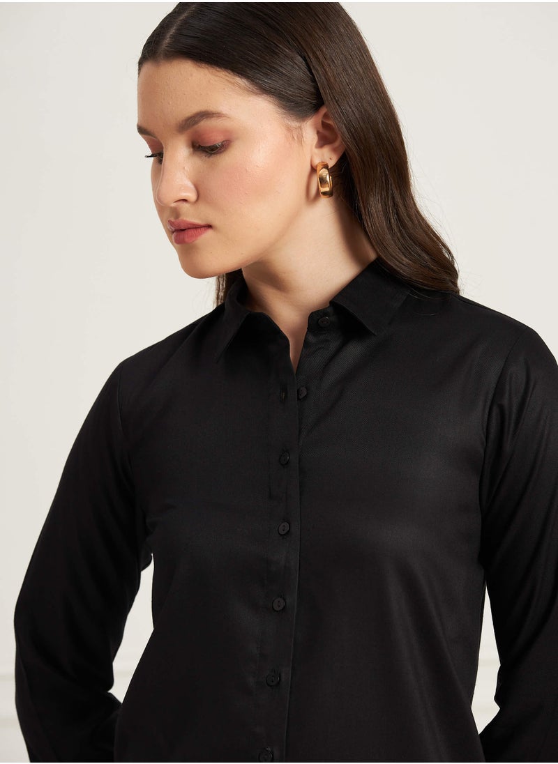 Salt Attire Women's Ink Black Classic Tailored Shirt | Button-Down Shirt with Shirt Collar, Full-Length Sleeves & Curved Hem | Elegant Cotton Rayon Top for Versatile Styling  - Image 5