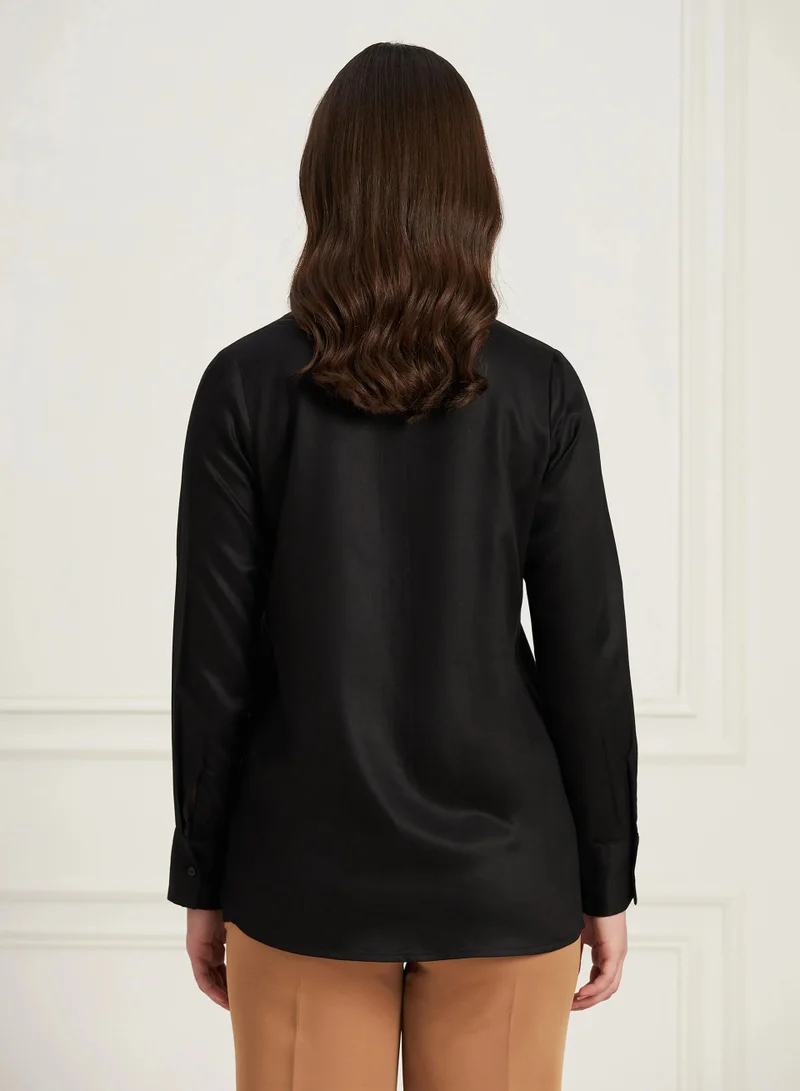 Salt Attire Women's Ink Black Classic Tailored Shirt | Button-Down Shirt with Shirt Collar, Full-Length Sleeves & Curved Hem | Elegant Cotton Rayon Top for Versatile Styling