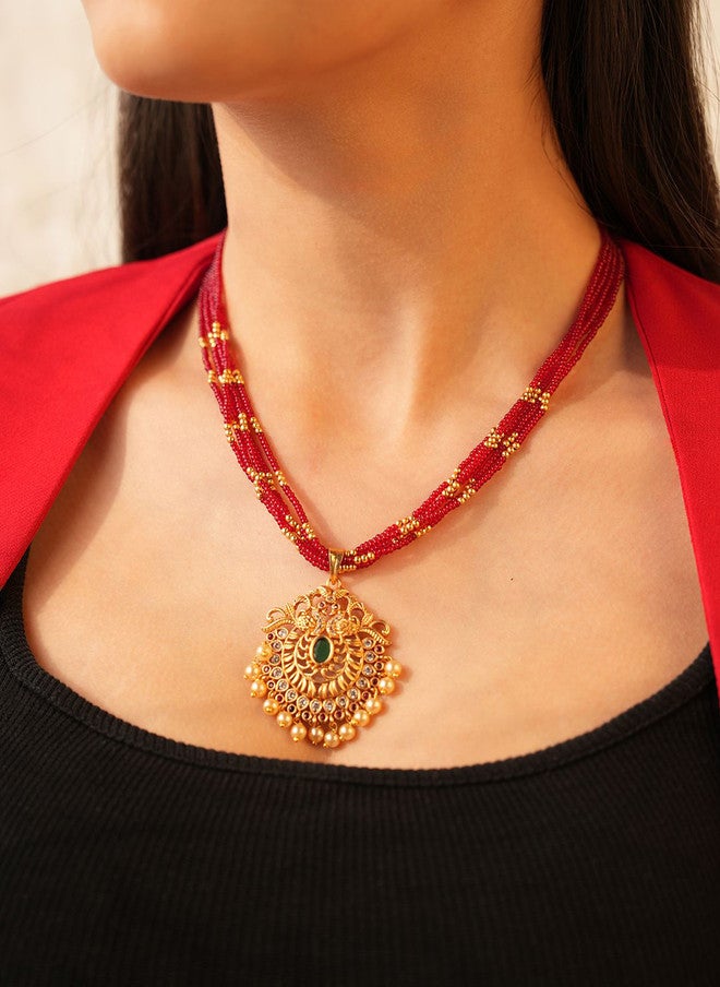 Binnis Wardrobe Gold Plated Artificial Stone Studded & Pearl Beaded Necklace & Earrings - Image 1