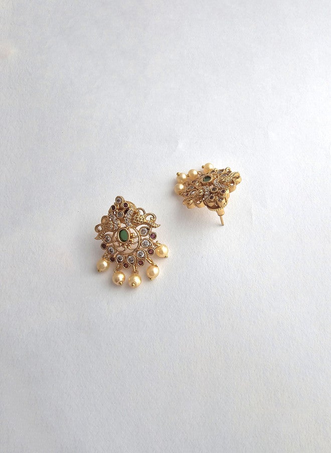 Binnis Wardrobe Gold Plated Artificial Stone Studded & Pearl Beaded Necklace & Earrings - Image 3