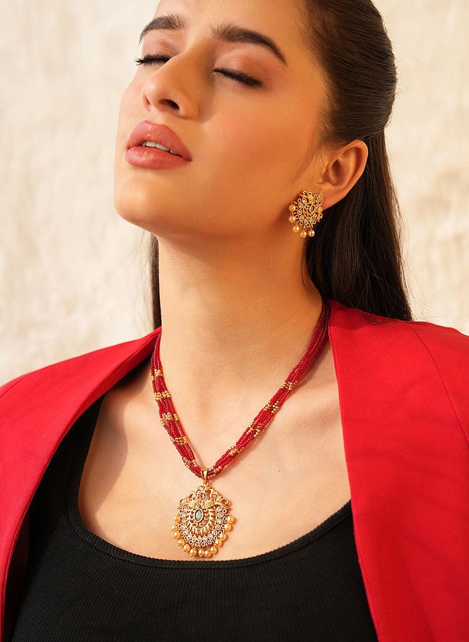 Binnis Wardrobe Gold Plated Artificial Stone Studded & Pearl Beaded Necklace & Earrings - Image 4