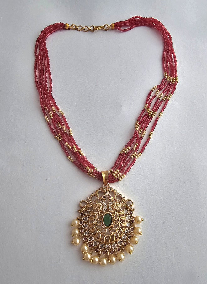 Binnis Wardrobe Gold Plated Artificial Stone Studded & Pearl Beaded Necklace & Earrings - Image 2