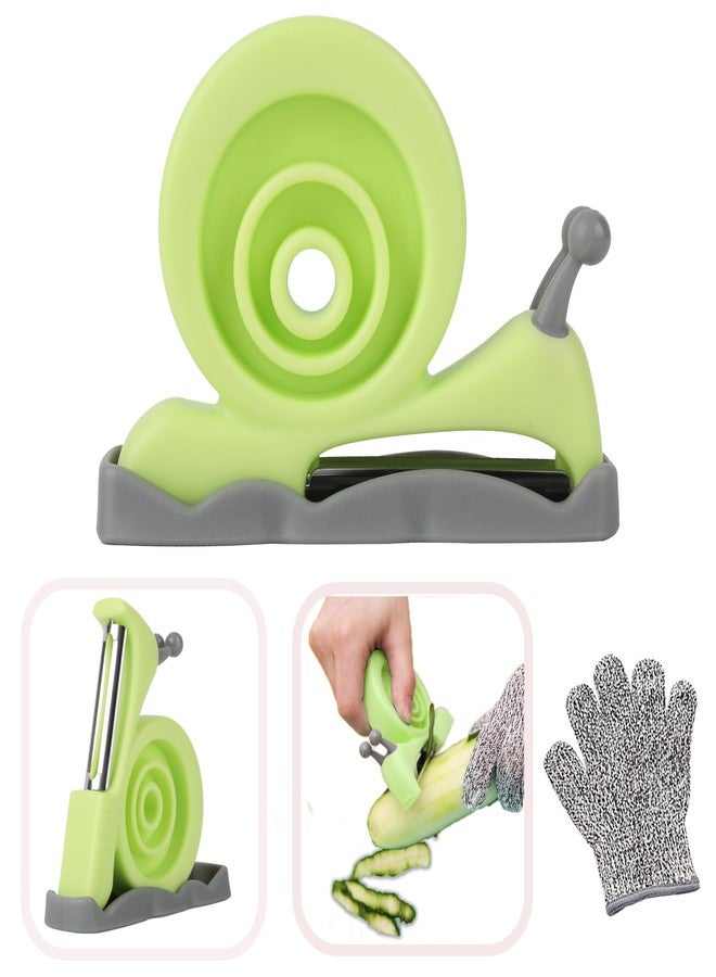 Kibbidea Vegetable Peeler, Kids Potato Fruit Peeler for Kitchen with Cut-proof Glove, Kids Cute Kitchen Accessories (Blue) (Green Snail) - Image 1