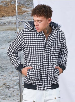 Campus Sutra Men's Carbon Black & Chalk White Checkboard Puffer Jacket With Fleece Hood  - Image 2