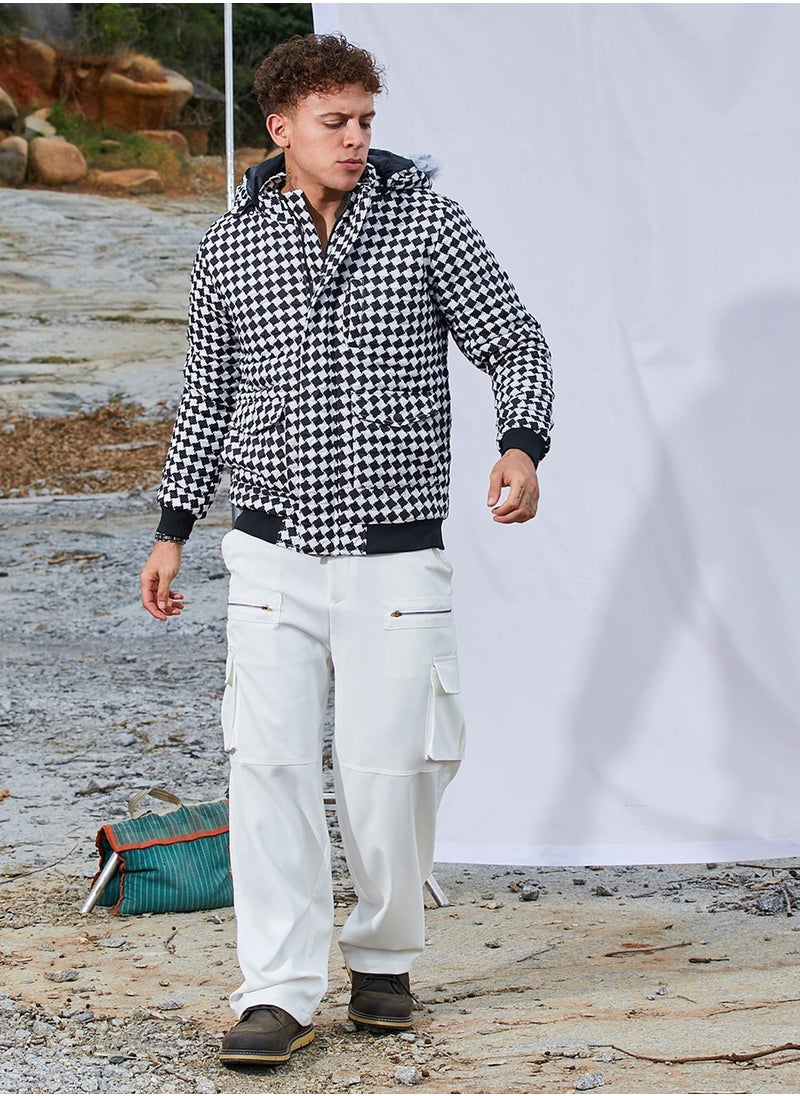 كامبوس سوترا - Men's Carbon Black & Chalk White Checkboard Puffer Jacket With Fleece Hood - Image 1