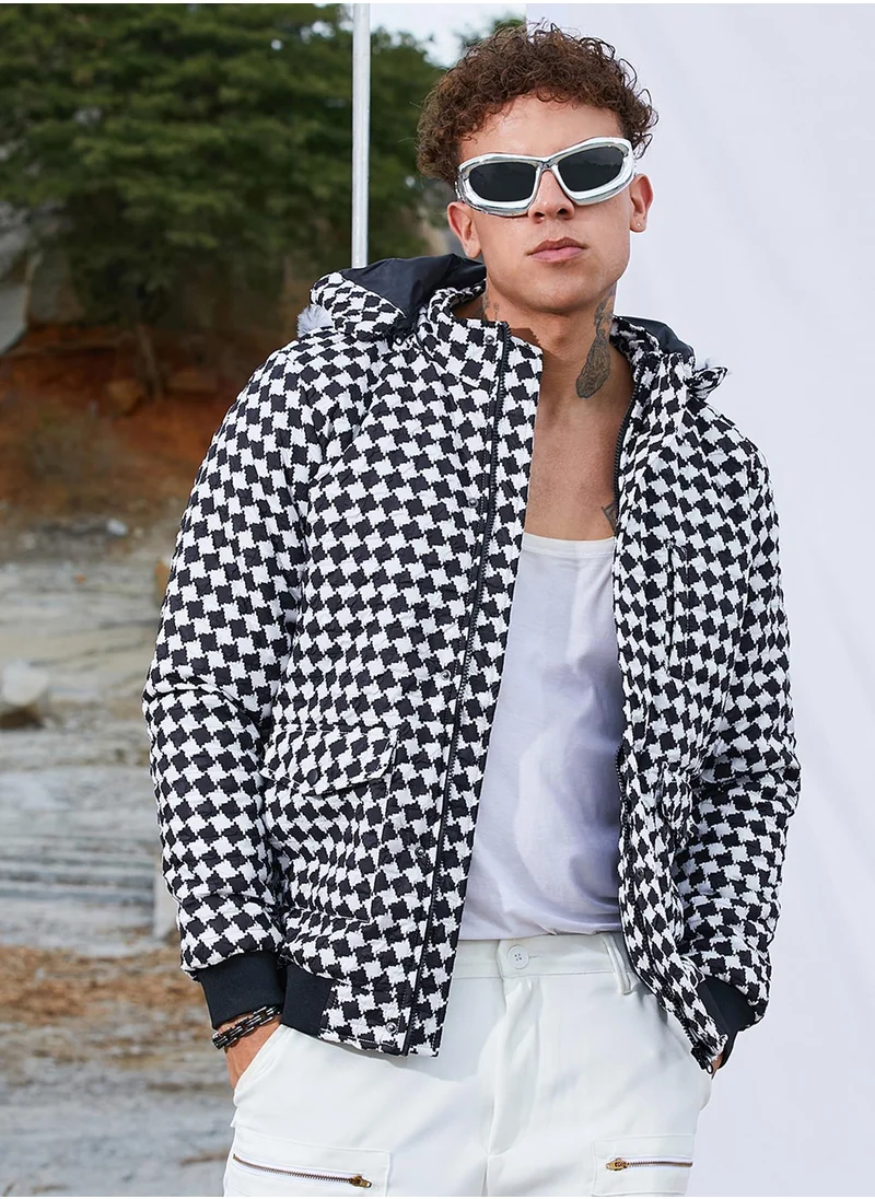 Campus Sutra Men's Carbon Black & Chalk White Checkboard Puffer Jacket With Fleece Hood