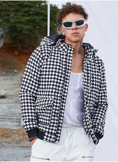 Campus Sutra Men's Carbon Black & Chalk White Checkboard Puffer Jacket With Fleece Hood  - Image 1