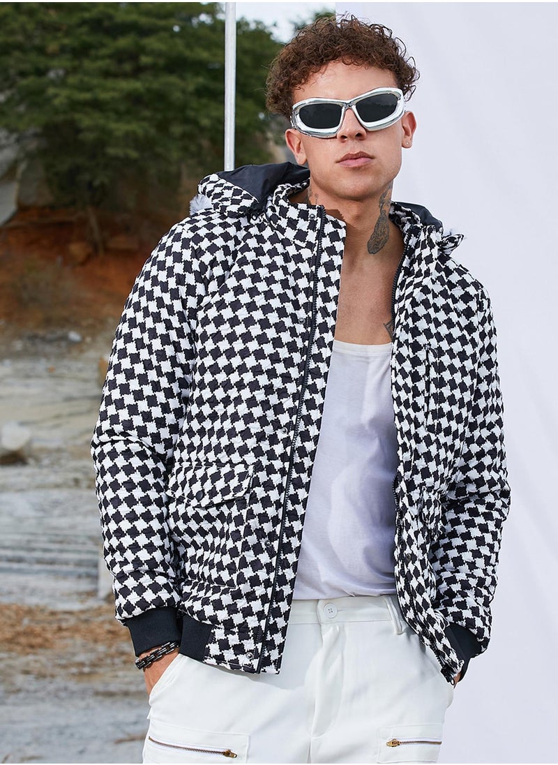 كامبوس سوترا Men's Carbon Black & Chalk White Checkboard Puffer Jacket With Fleece Hood  - Image 1