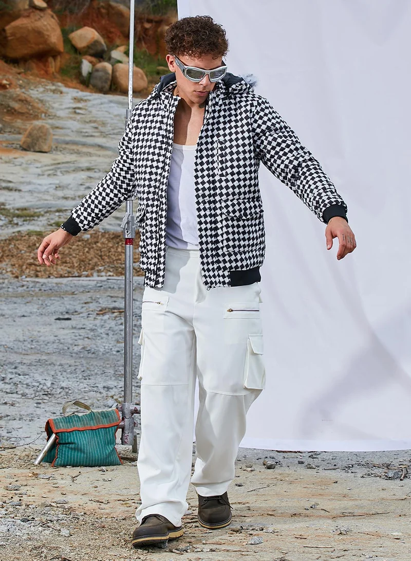 Campus Sutra Men's Carbon Black & Chalk White Checkboard Puffer Jacket With Fleece Hood