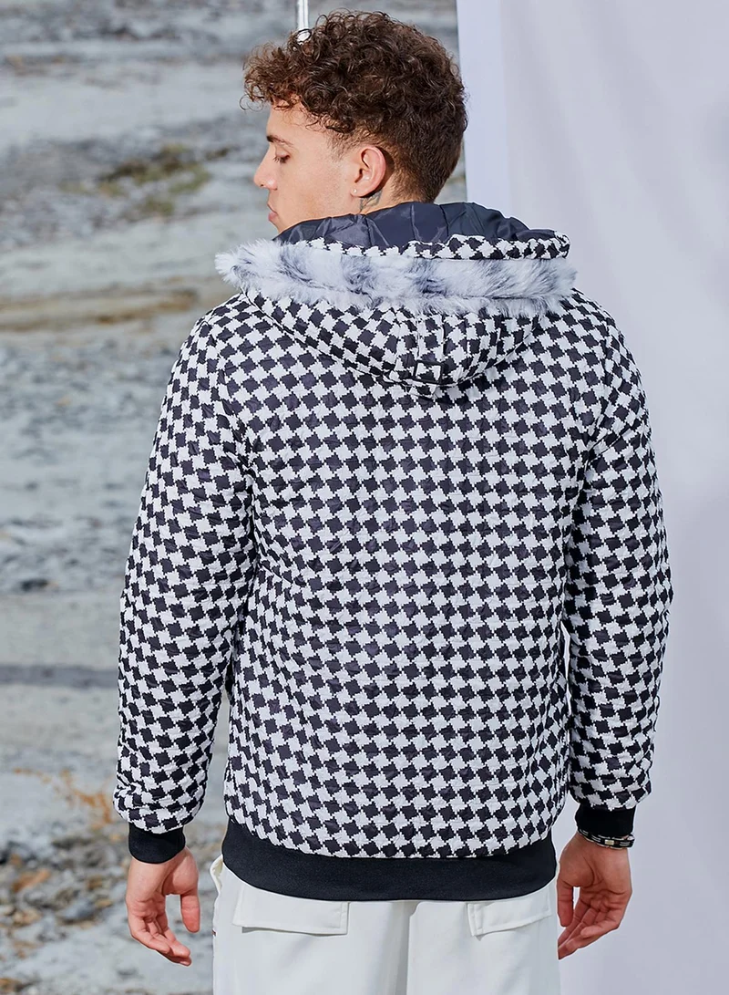 Campus Sutra Men's Carbon Black & Chalk White Checkboard Puffer Jacket With Fleece Hood