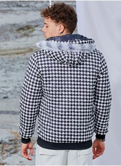 Campus Sutra Men's Carbon Black & Chalk White Checkboard Puffer Jacket With Fleece Hood  - Image 5
