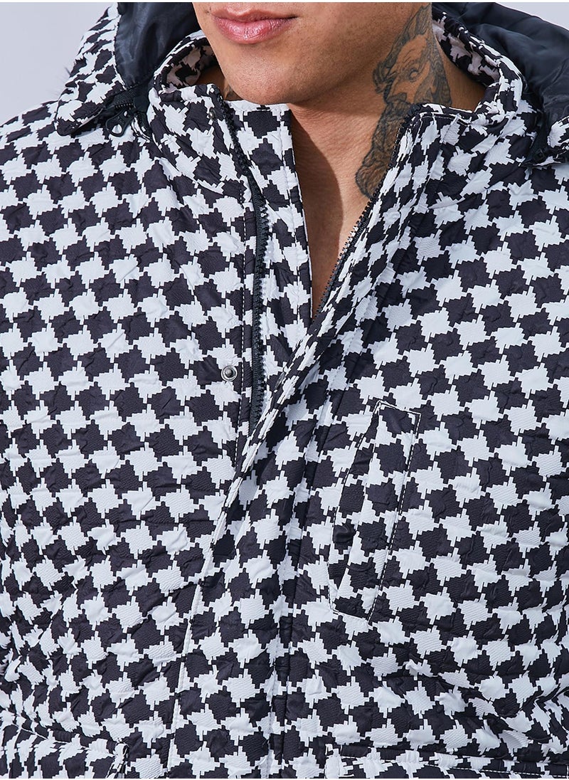 كامبوس سوترا - Men's Carbon Black & Chalk White Checkboard Puffer Jacket With Fleece Hood - Image 1