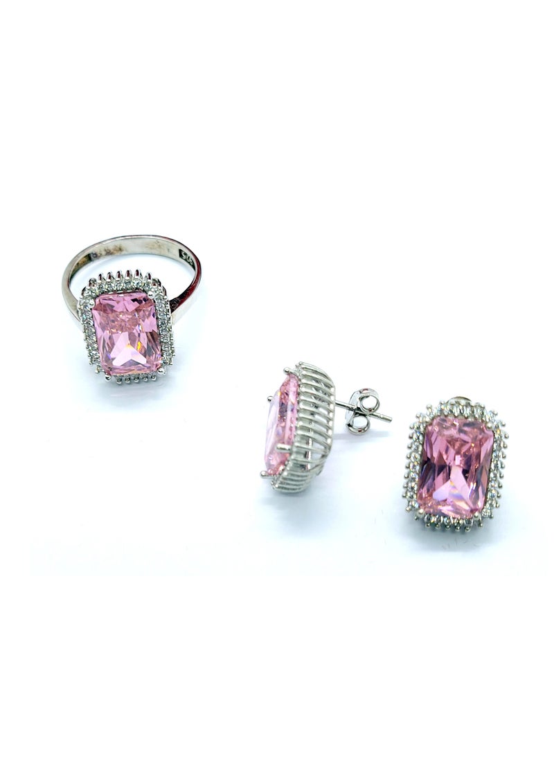 KAYALI - 925 Silver Pink Zirconia Snowflake Pendant Necklace Stud Earrings Ring Jewelry Set - Image 1