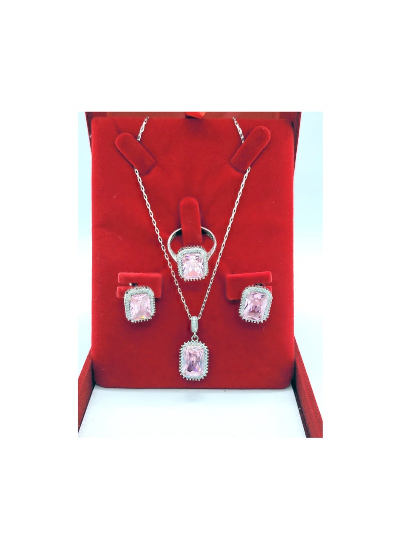 KAYALI - 925 Silver Pink Zirconia Snowflake Pendant Necklace Stud Earrings Ring Jewelry Set - Image 1