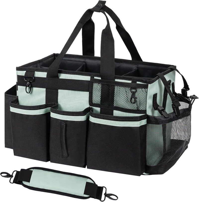 SCAVATA Wearable Cleaning Caddy, Cleaning Caddy Supplies Organizer with Handle & Shoulder Straps for Housekeepers, Under Sink & Car Cleaning Tool Organizers Bag with 4 Foldable Divider (Celadon) - Image 1