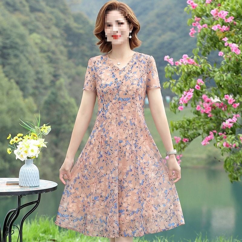 Printed Mesh Floral Short Sleeve Dress Plus Size Mother's Day Summer Casual - Image 3