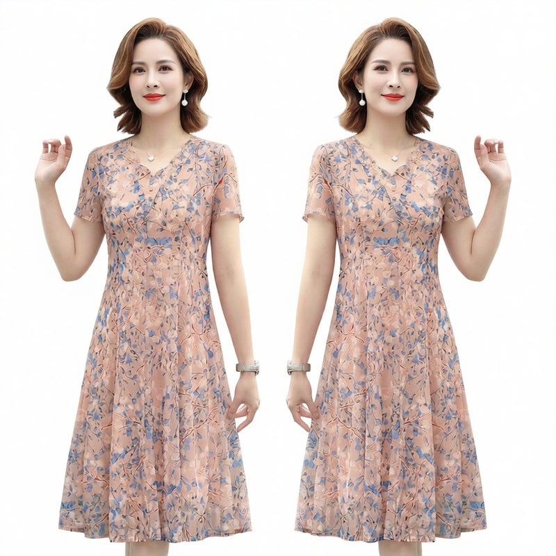 Printed Mesh Floral Short Sleeve Dress Plus Size Mother's Day Summer Casual - Image 1
