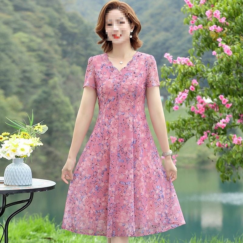 Printed Mesh Floral Short Sleeve Dress Plus Size Mother's Day Summer Casual - Image 4