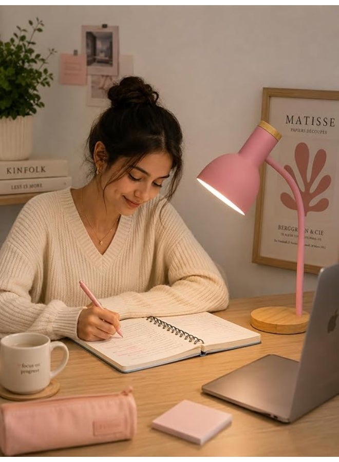Modern LED desk lamp with wooden design and stable base - Flexible desk lamp with comfortable lighting for reading, studying and bedrooms (PINK) - Image 4